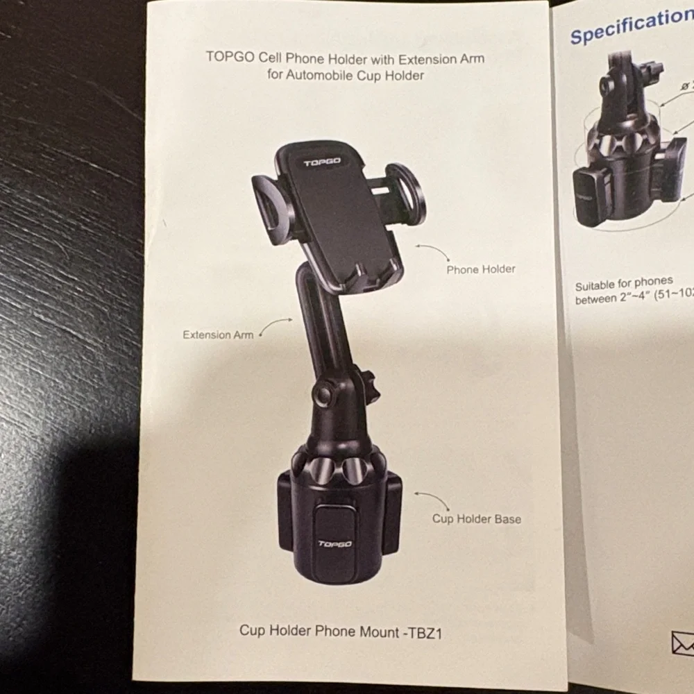 TOPGO Cell Phone Holder with Extension Arm for Car Cup Holder Black